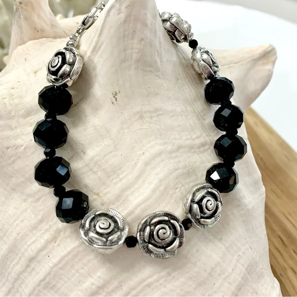 Triple Silver Rose Black Beaded Bracelet - Picture 3 of 3